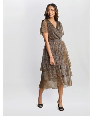 Gina Bacconi Cheri Metallic Knit Tiered Dress - Brown