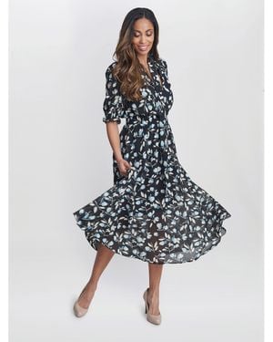 Gina Bacconi Mimi Godet Pussy Bow Dress - Blue