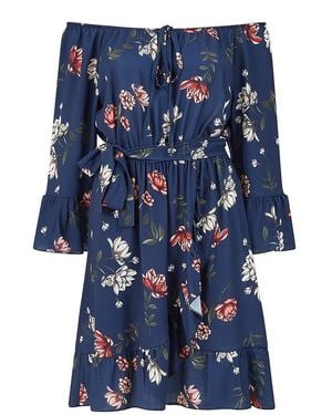 Mela London Floral Bardot Frill Maxi Dress - Blue