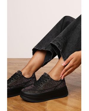 Where's That From Wedge Lace Up Trainer With Diamante Detail - Black