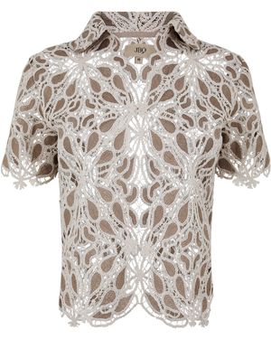 JBQ Arielle Crochet Short-Sleeve Patterned Shirt - Grey