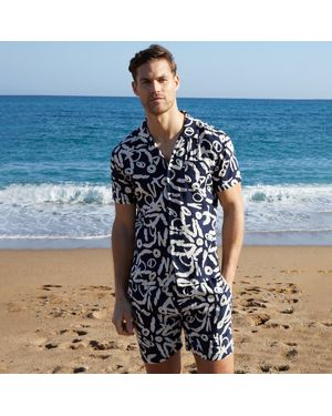 Threadbare Abstract Print Revere Collar Short Sleeve Shirt - Blue