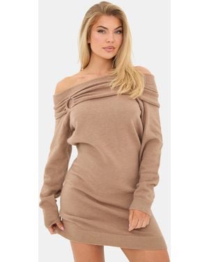 I Saw It First Trim Bardot Mini Long Sleeve Knitted Jumper Dress - Brown
