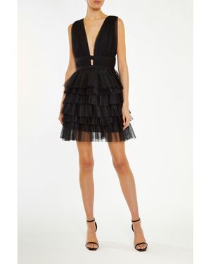 True Decadence Elle Plunge-Front Tiered Tulle Mini-Dress - Black