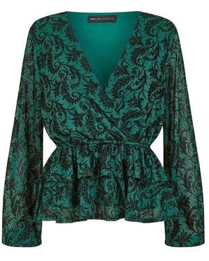 Mela London Velour Printed Wrap Top - Green
