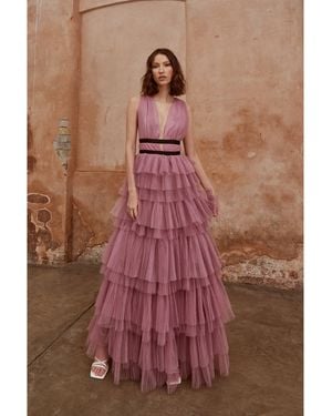 True Decadence Eliza Plunge Front Tulle Layered Maxi Dress - Brown