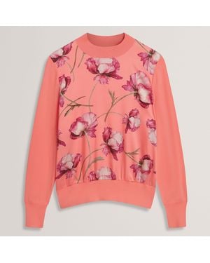 Ted Baker Botanical Print Front Long Sleeve Knit Top - Pink