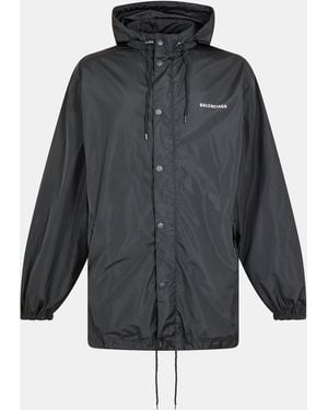 Balenciaga Logo Drawstring Hooded Long Sleeve Rain Anorak - Grey