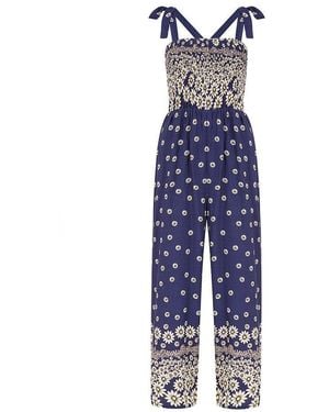 Mela London Daisy Border Shirred Tie Jumpsuits - Blue