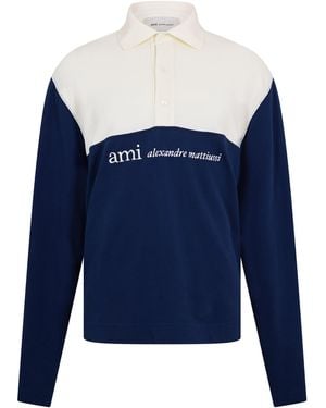 Ami Paris Logo Long Sleeve Polo Shirt - Blue