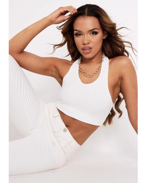 Missy Empire Halterneck Ribbed Plunge Crop Top - White