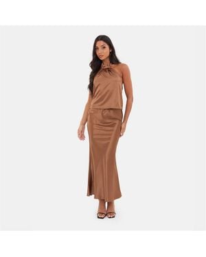I Saw It First Satin Bias Cut Maxi Skirt - Brown