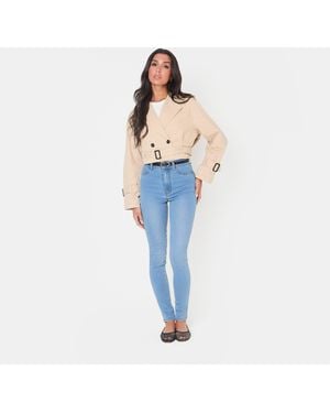 I Saw It First Cropped Belted Long Sleeve Trench Coat - Blue