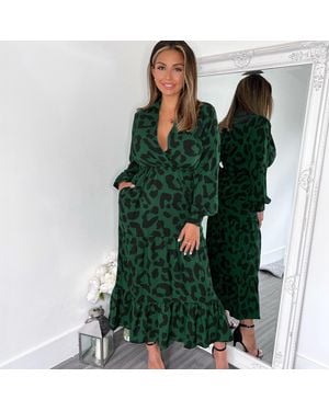 AX Paris Leopard Print Long Sleeve Smock Midi Dress - Green