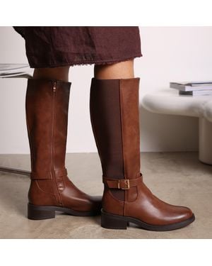 Where's That From Knee High Riding Boots With Side Buckle Strap - Brown