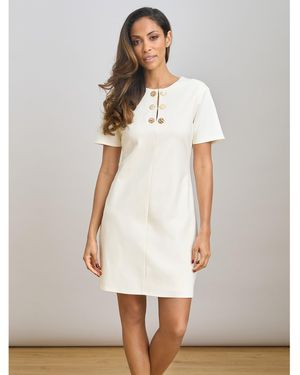 Gina Bacconi Jinny Button Split Neck A-Line Dress - White