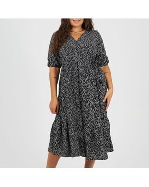 Brave Soul Bs Plus Size Wrap Front Midi Dress With Puff Sleeves - Black