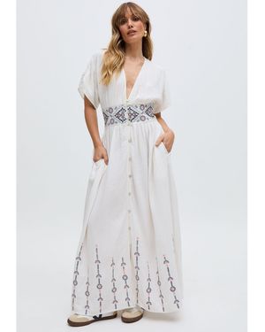 Raffya Sally Ann Button Down Embroidery Maxi Dress - White