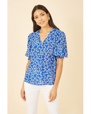 Yumi' Ditsy Print Puff Sleeve Top - Blue