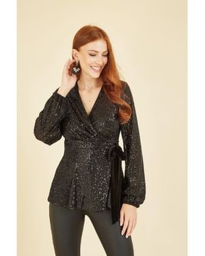 Yumi' Sequin Wrap Top With Velvet Tie - Black