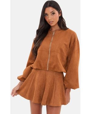I Saw It First Faux Suede Bubble Hem Long Sleeve Faux Leather Jacket - Brown