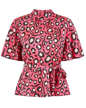 Mela London Animal Print Belted High Neck Short-Sleeve Blouse - Red