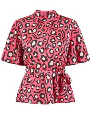 Mela London Animal Print Belted High Neck Short-Sleeve Blouse - Red