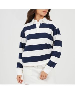 Brave Soul Bs Rugby Style Long Sleeve Top With Stripe - Blue