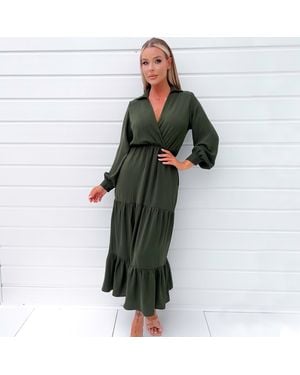 AX Paris Long Sleeve Wrap Top Smock Midi Dress - Green
