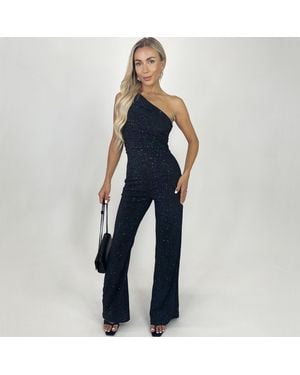 AX Paris Sparkle One Shoulder Ruched Top Jumpsuit - Blue