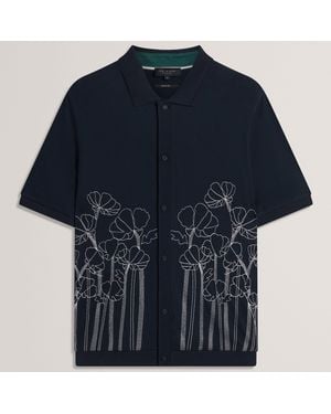 Ted Baker Embroidered Floral Pure Cotton Knit Shirt - Blue