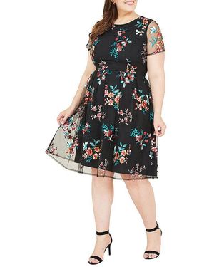 Yumi' Embroidered Floral Skater Dress - Black