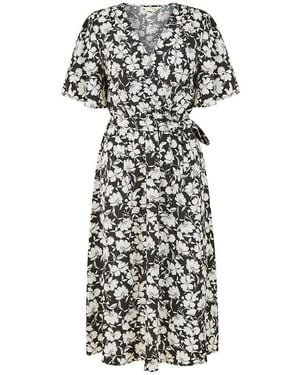 Yumi' Floral Midi Wrap Dress - Black