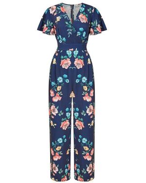 Yumi' Floral Angel Sleeve Jumpsuit - Blue