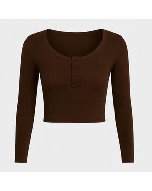 I Saw It First Rib Button Front Long Sleeve Top - Brown