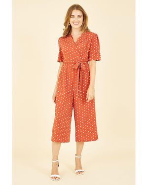 Yumi' Spot Print Retro Culotte Jumpsuit - Orange
