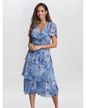 Gina Bacconi Cherie Midi Printed Metallic Tier Dress - Blue