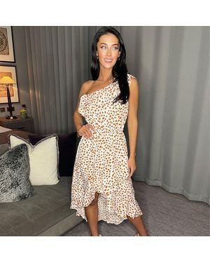 AX Paris And Tan Print One Shoulder Frill Detail Dipped Hem Dress - Natural
