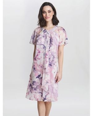 Gina Bacconi Erika Printed Dress With Embellished Neckline - Purple
