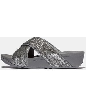 Fitflop Lulu Crinkled-Shimmer Cross Sliders - Grey