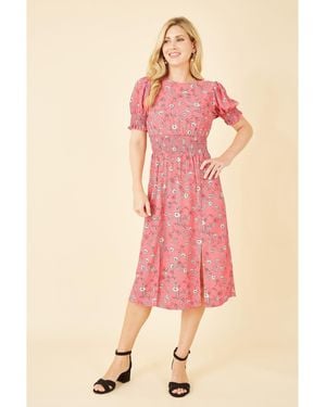 Mela London Floral Ruched Waist Midi Dress - Pink