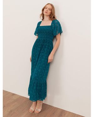 Lovedrobe Floral Burnout Square Neck Shirred Midaxi Dress - Blue