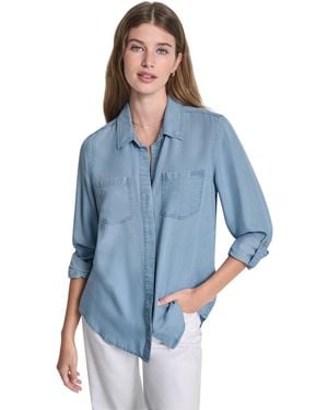 DKNY Jeans Split Back Button Front Tencel Shirt W/ Roll Tab Sleeve - Blue