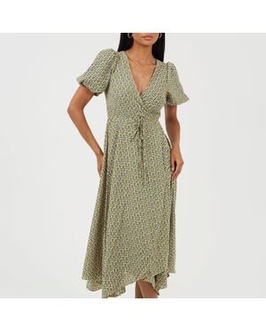 Brave Soul V-Neck Midi Floral Wrap Dress - Green
