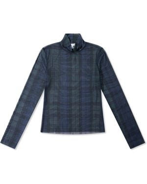 GOOD AMERICAN Mesh Tartan Turtle-Neck Slim-Fit Long-Sleeve T-Shirt - Blue