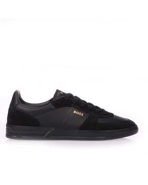 BOSS Foil Print Branding Leather-Suede Trainers - Black