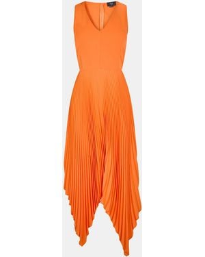 AX Paris V Neck Pleated Skirt Belted Waist Midi Dress - Orange