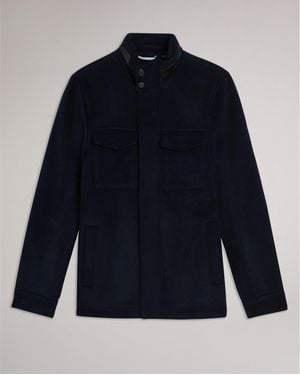 Ted Baker Funnel Neck Overcoat - Blue
