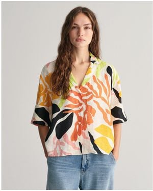 GANT Relaxed Fit Palm Print Linen Short Sleeve Shirt - Orange