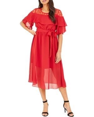 Yumi' Lace Frill Midi Dress - Red